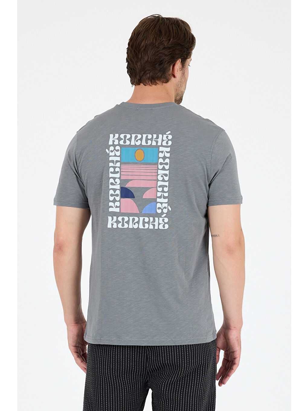 Gri Erkek %100 Pamuk Bisiklet Yaka Kısa Kollu Baskılı Tişört Rahat ve Günlük Tişört 0005-4