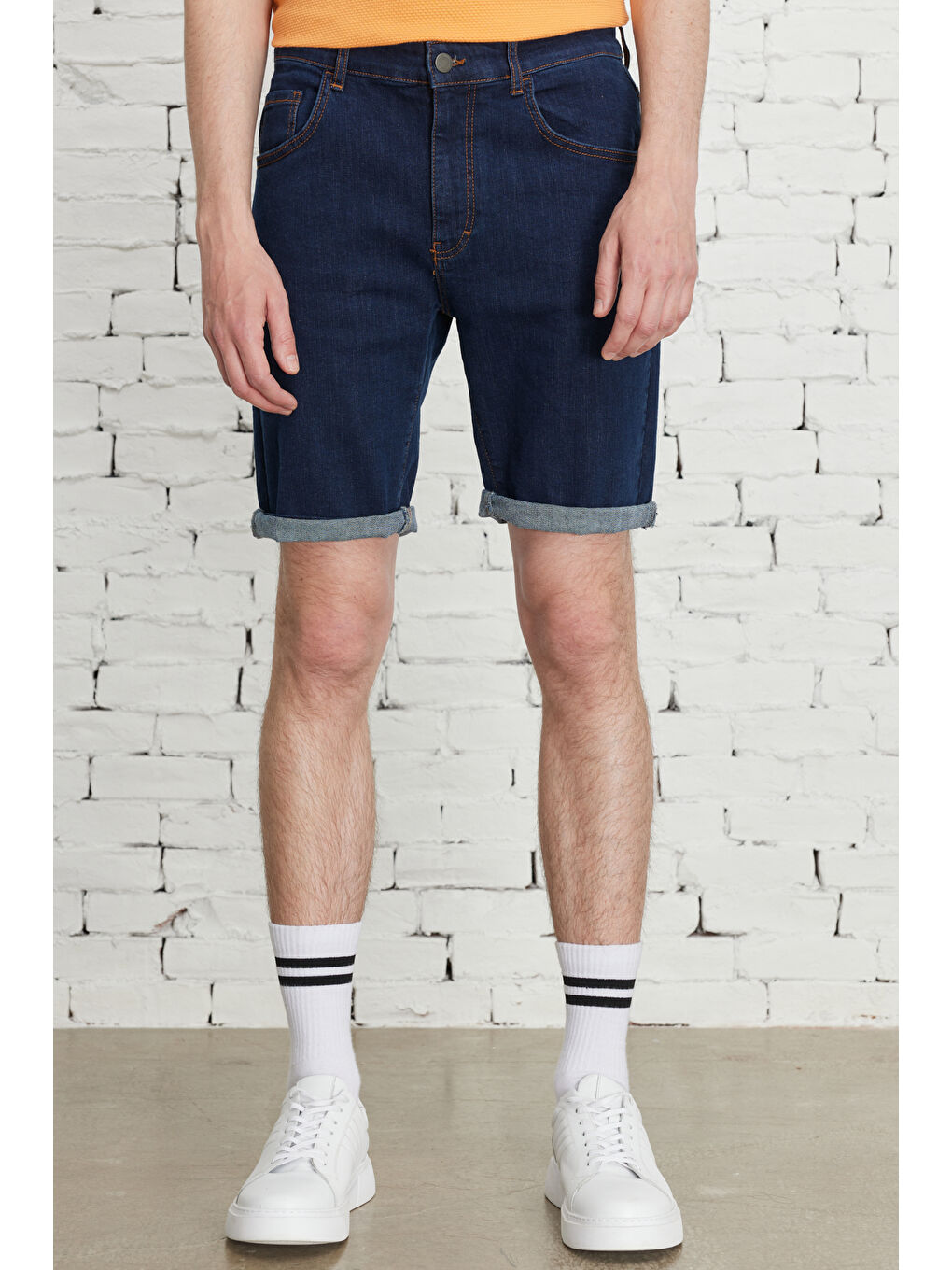 Erkek Koyu Lacivert Slim Fit Dar Kesim Pamuklu Esnek Denim Şort-3