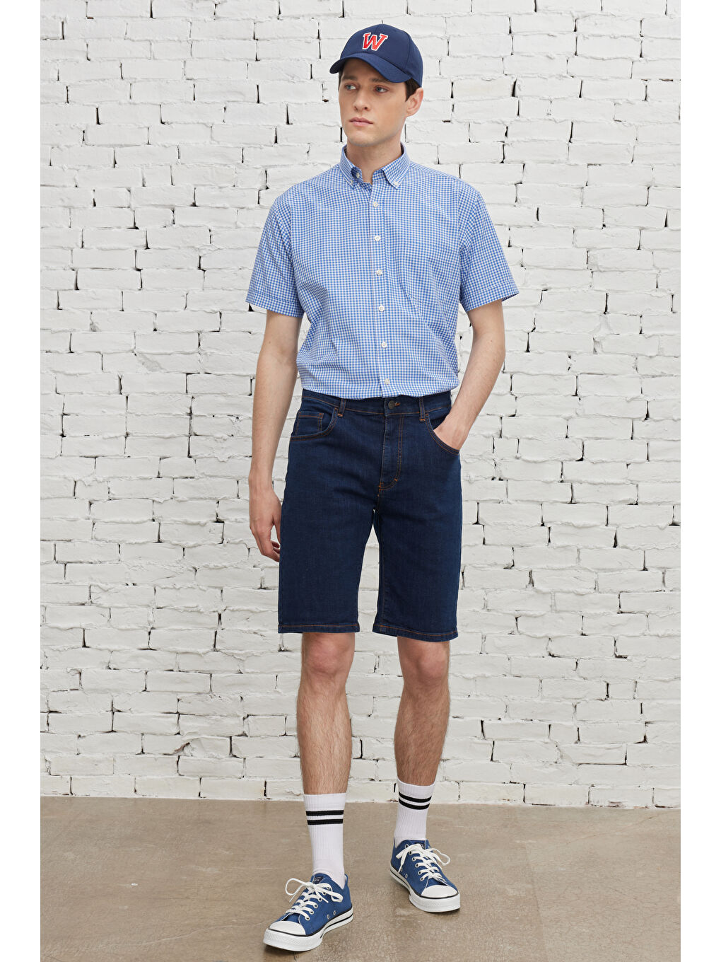 Erkek Koyu Lacivert Slim Fit Dar Kesim Pamuklu Esnek Denim Şort-5