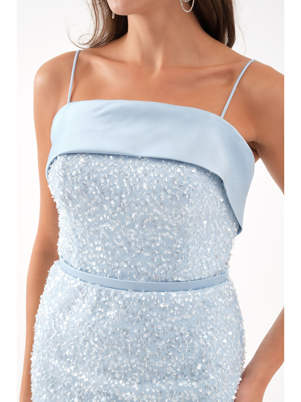 Kadın Bebe Mavi Askılı Boncuklu Midi Abiye Elbise-3