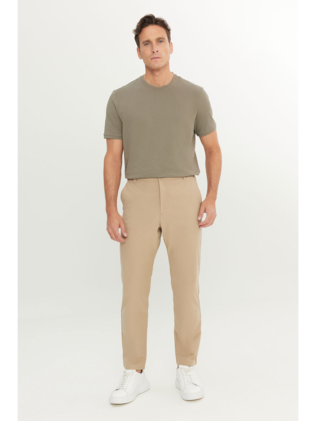 Erkek Bej 360 Her Yöne Esneyen Slim Fit Dar Kesim Yan Cep Pantolon-2