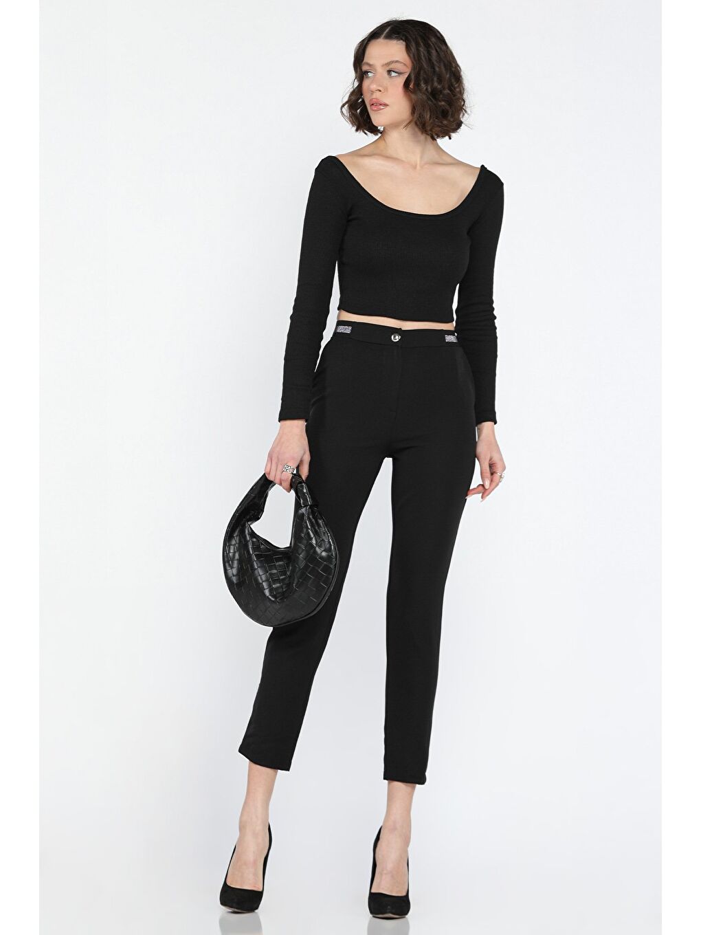 Siyah Bel Lastikli Kadın Kumaş Pantolon-1