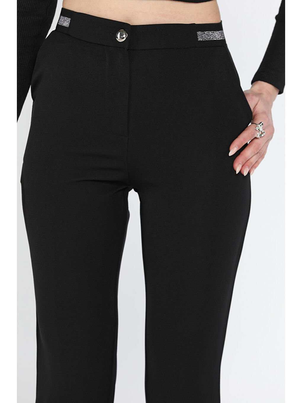 Siyah Bel Lastikli Kadın Kumaş Pantolon-3