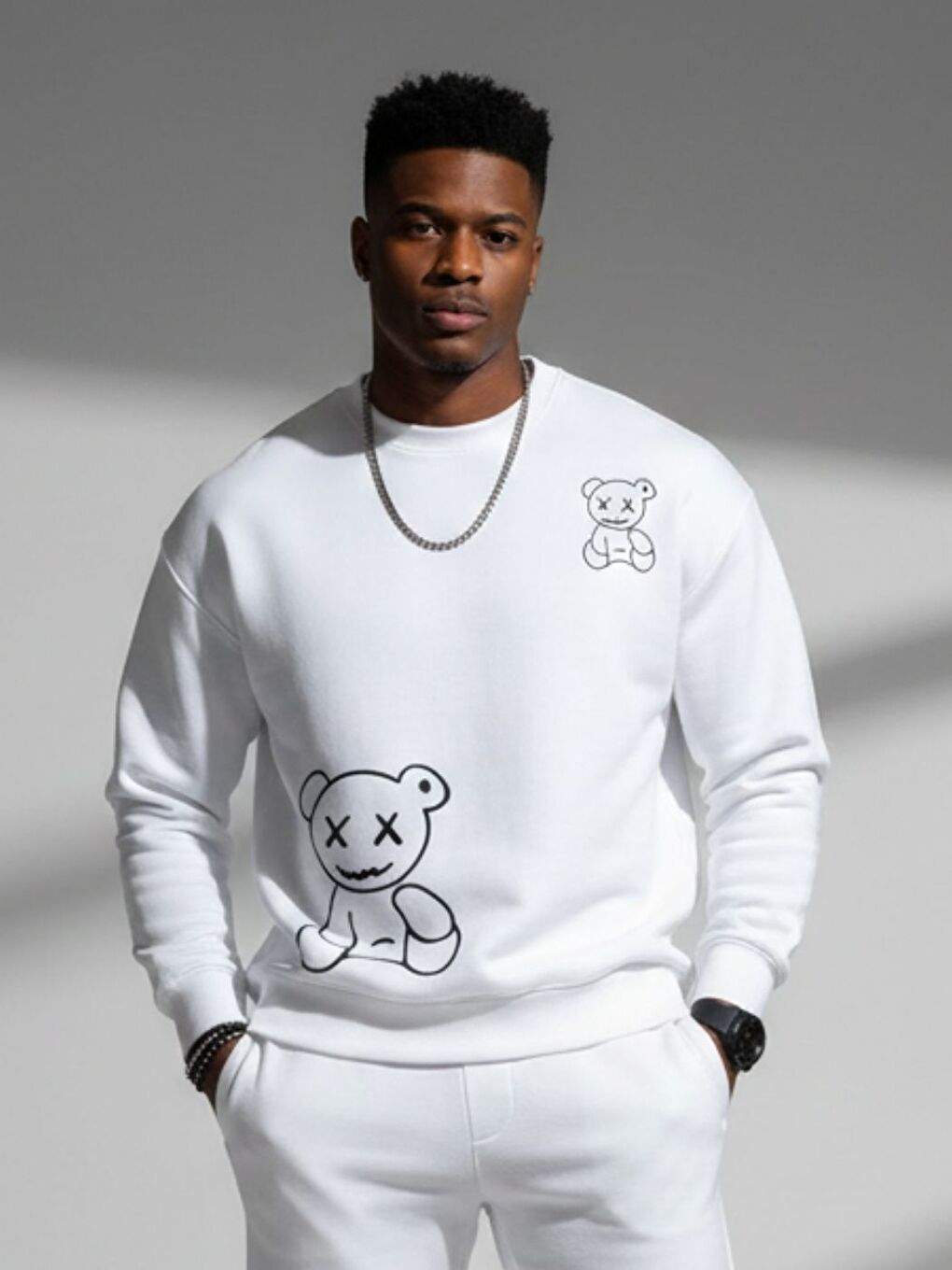 Erkek Beyaz Xbear Yarım Baskılı Oversize Bisiklet Yaka Uzun Kollu Sweatshirt