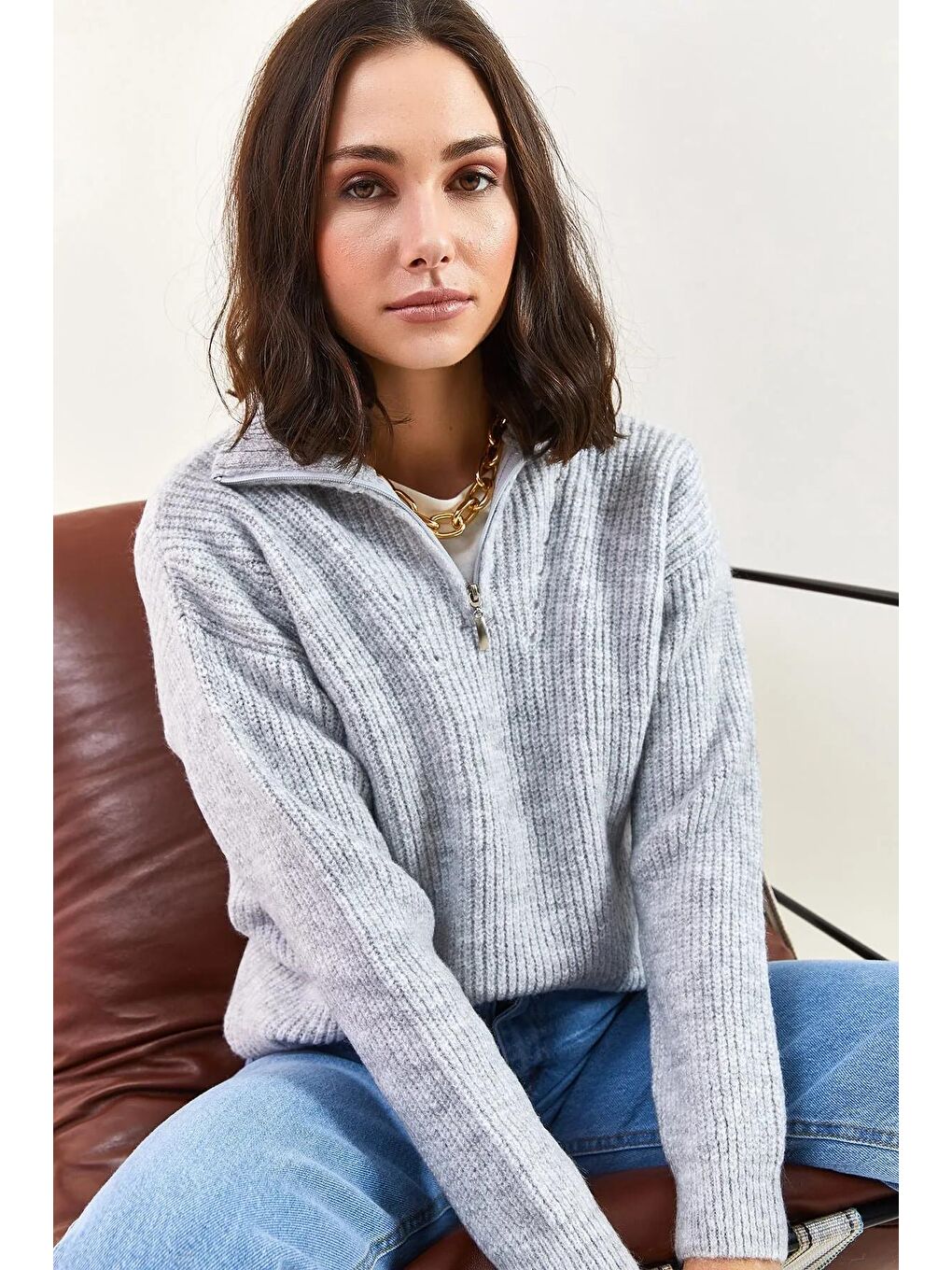 Gri Kadın Fermuarlı Balıkçı Yaka Oversize Triko Kazak-1