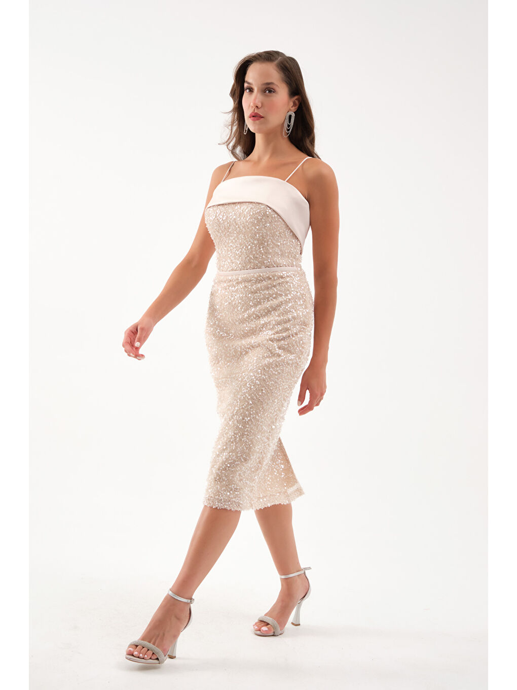 Kadın Bej Askılı Boncuklu Midi Abiye Elbise-2