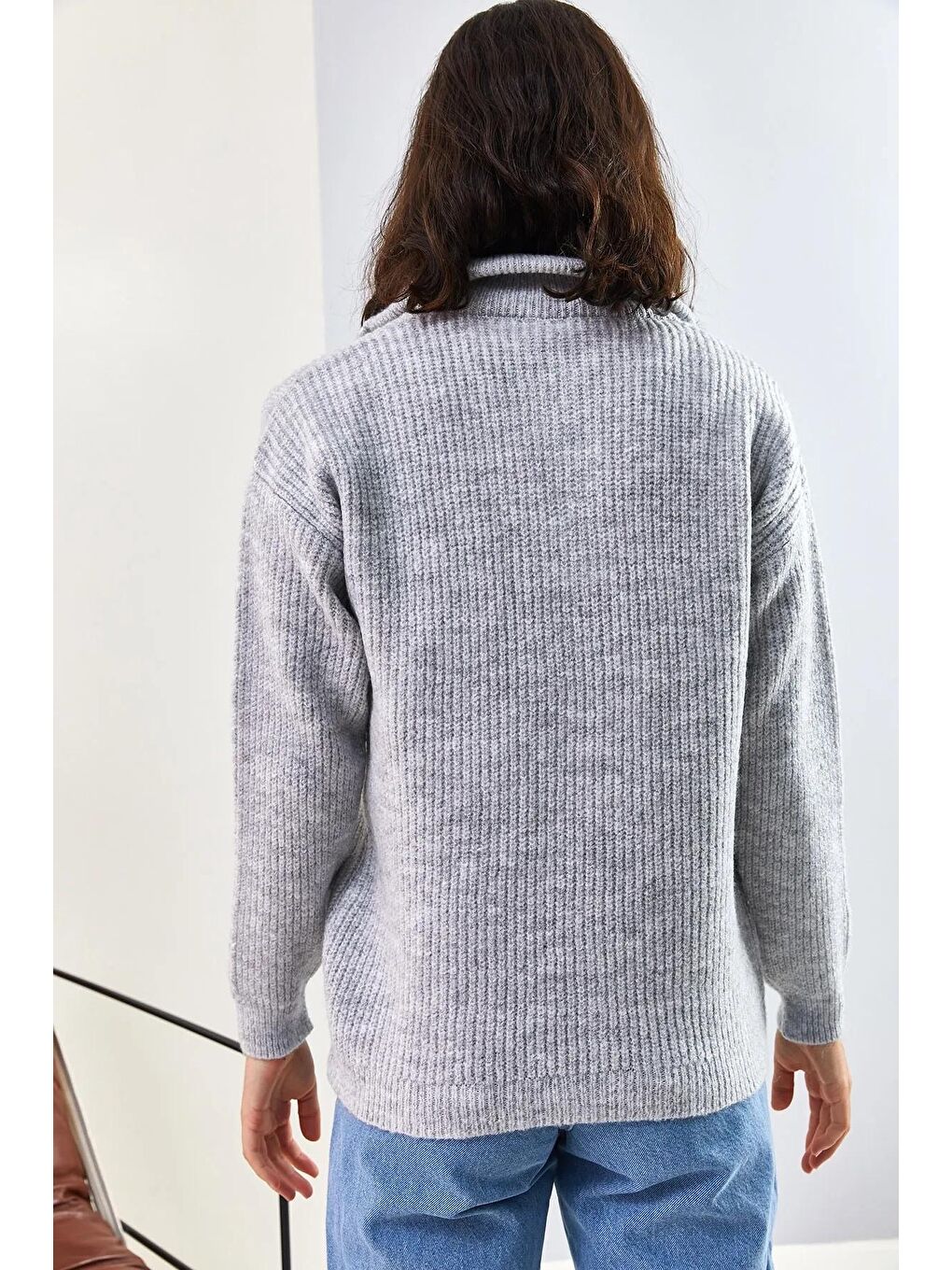 Gri Kadın Fermuarlı Balıkçı Yaka Oversize Triko Kazak-2