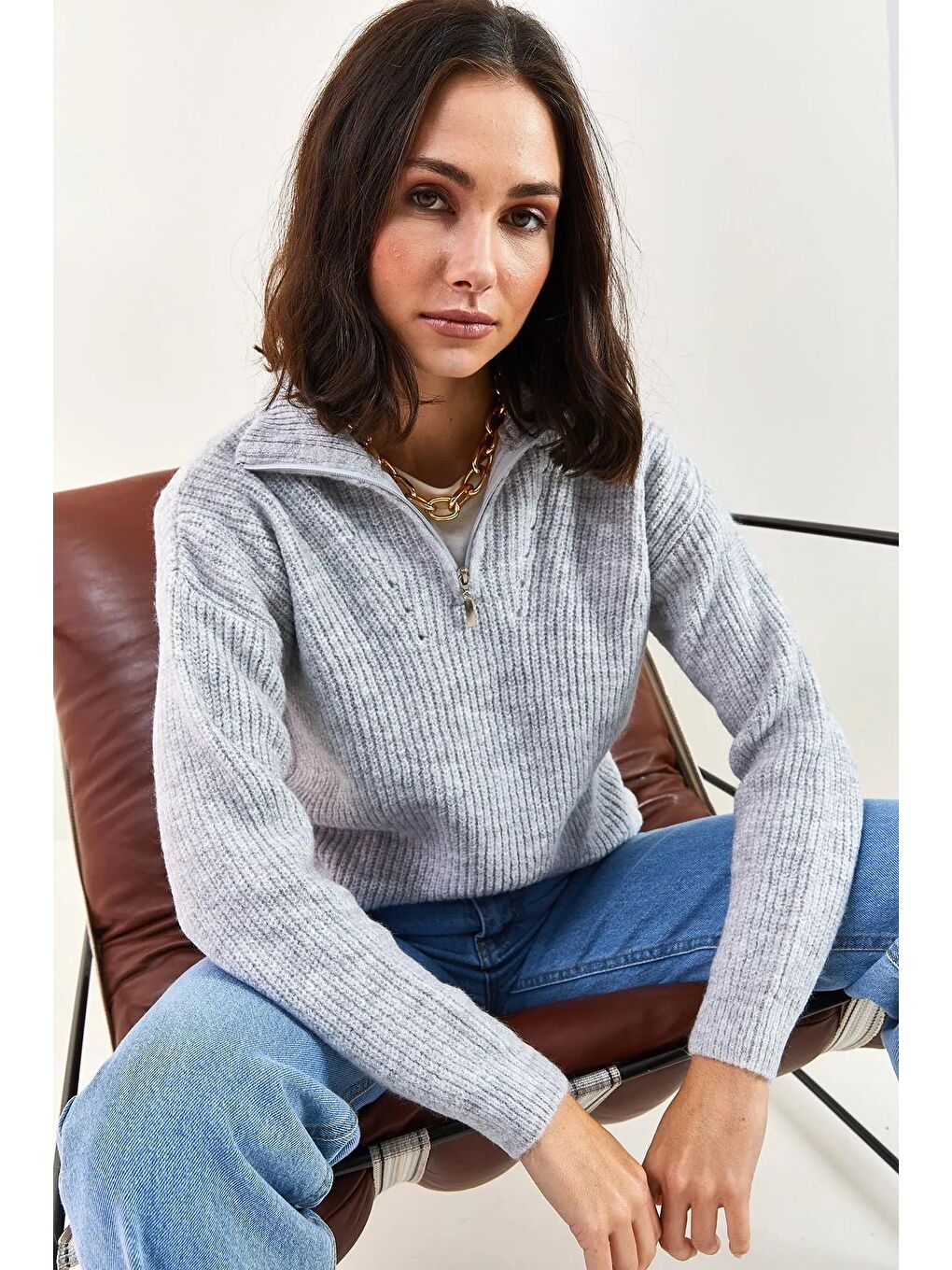 Gri Kadın Fermuarlı Balıkçı Yaka Oversize Triko Kazak-3