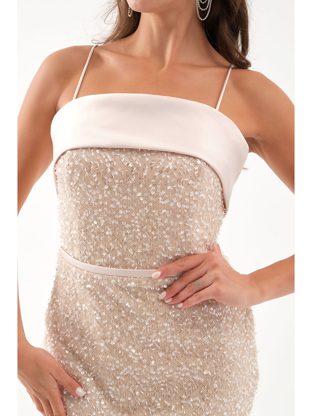 Kadın Bej Askılı Boncuklu Midi Abiye Elbise-3