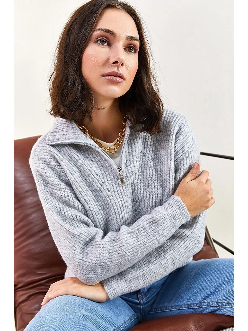 Gri Kadın Fermuarlı Balıkçı Yaka Oversize Triko Kazak-4