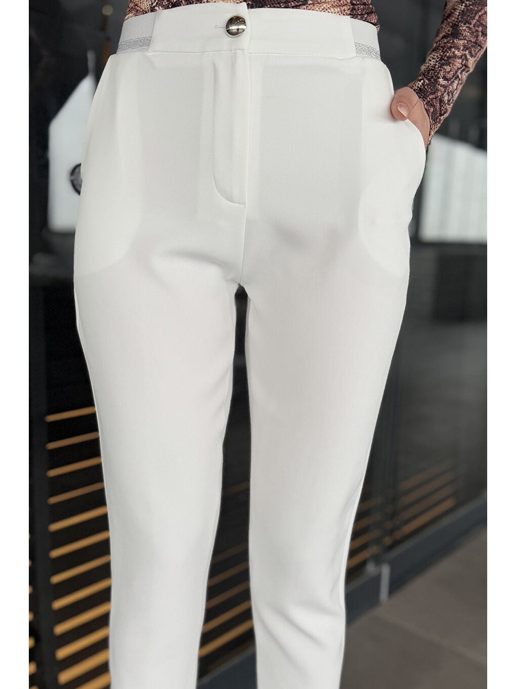 Ekru Bel Lastikli Kadın Kumaş Pantolon-3