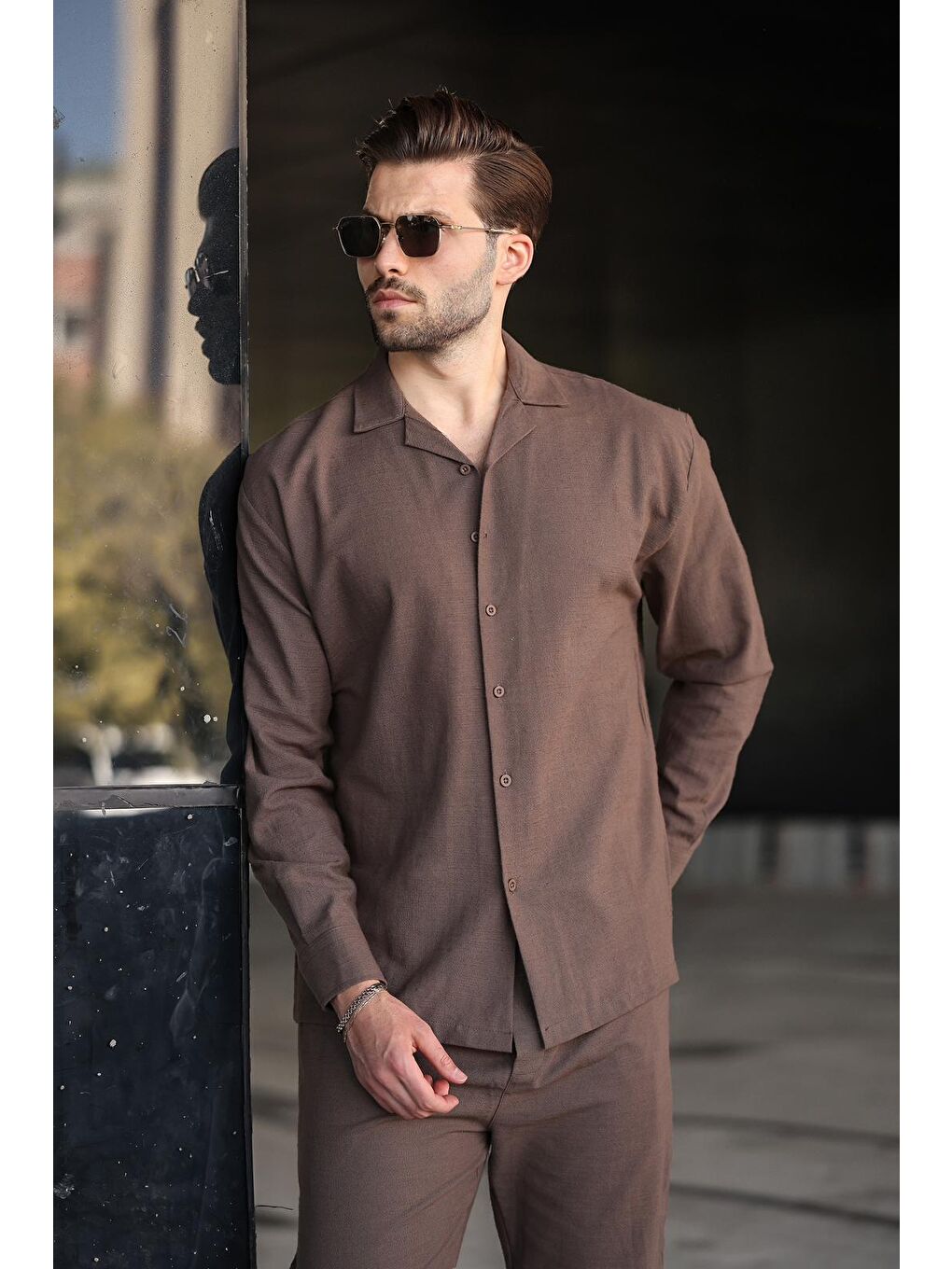Kahverengi Rahat Kesim Erkek Keten Gömlek Pantolon %100 Pamuk Takım E7327-2