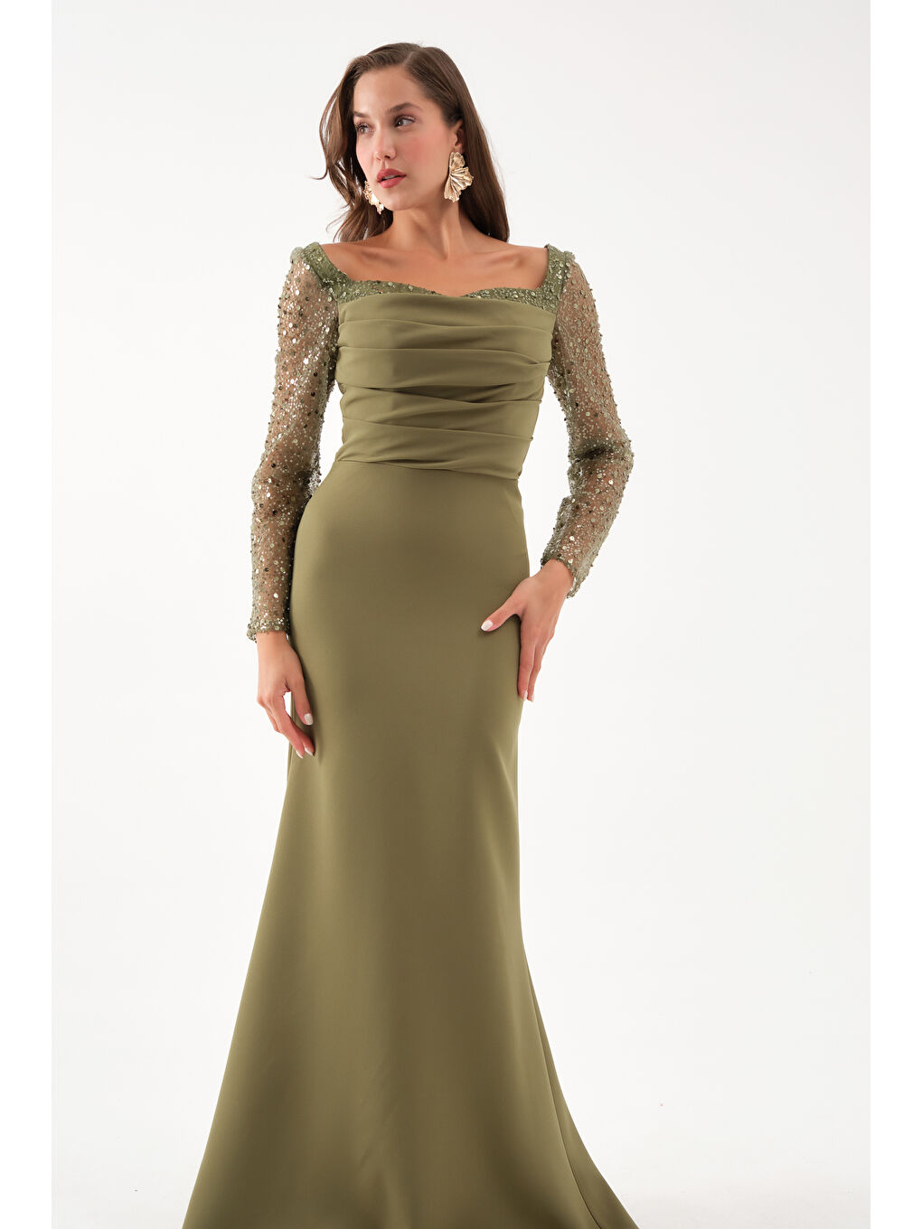 Kadın Haki Kol Detaylı Uzun Abiye Elbise-1