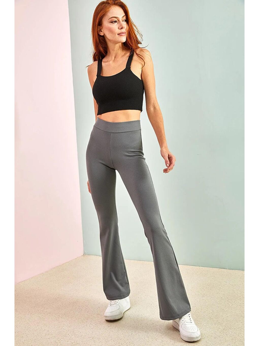 Gri Kadın Fitilli İspanyol Paça Tayt-1