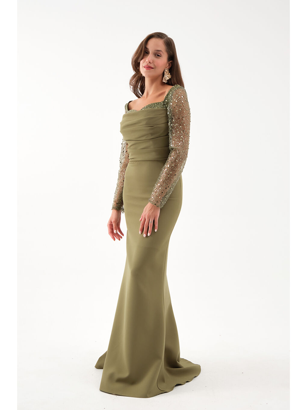 Kadın Haki Kol Detaylı Uzun Abiye Elbise-2