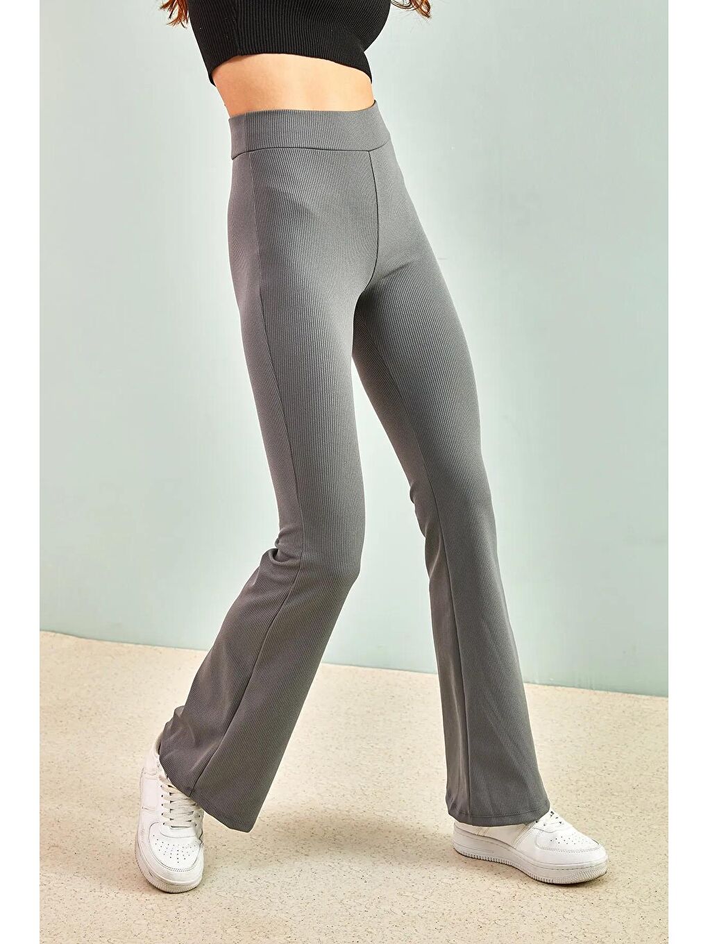 Gri Kadın Fitilli İspanyol Paça Tayt-2