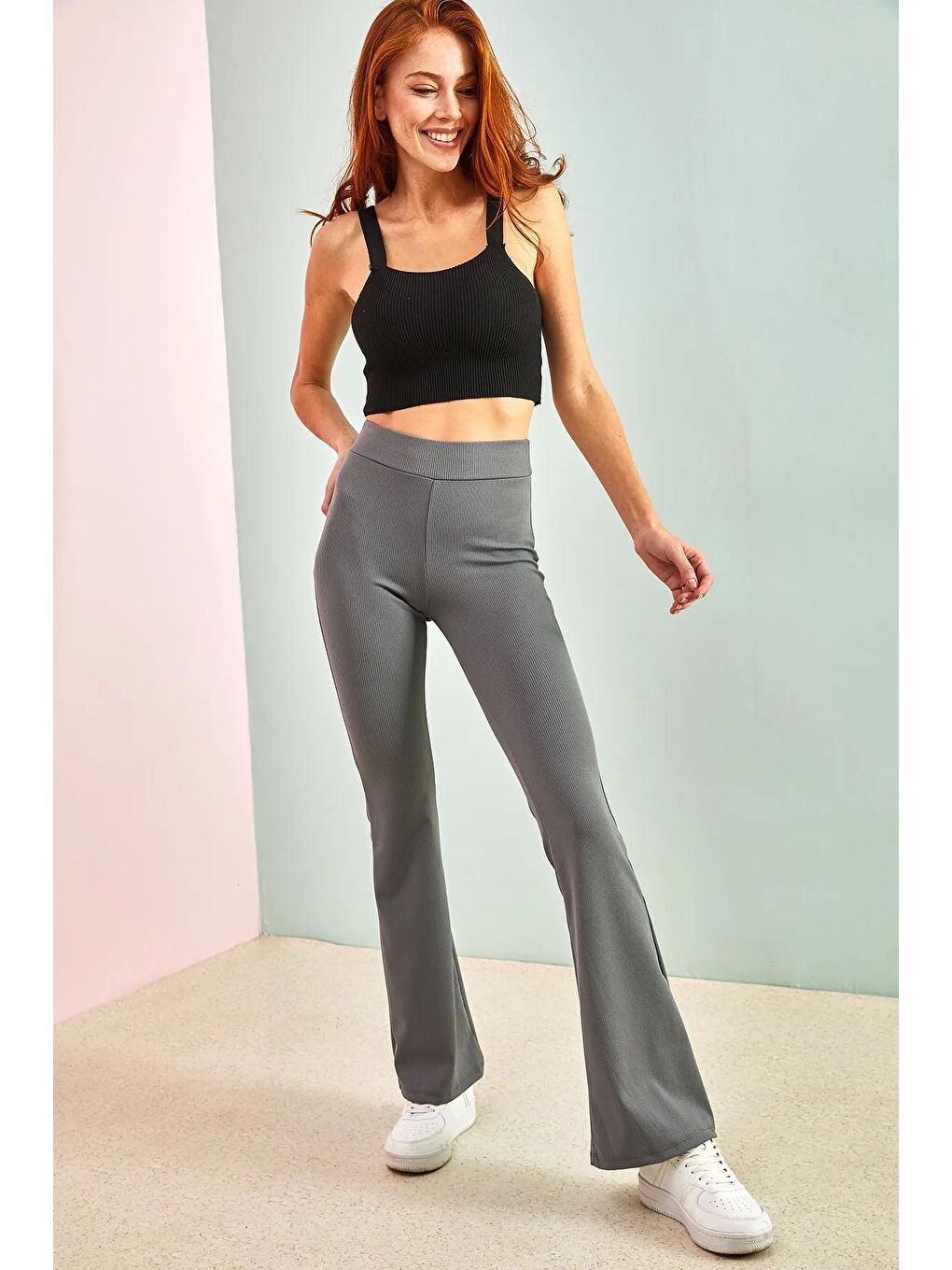 Gri Kadın Fitilli İspanyol Paça Tayt-3