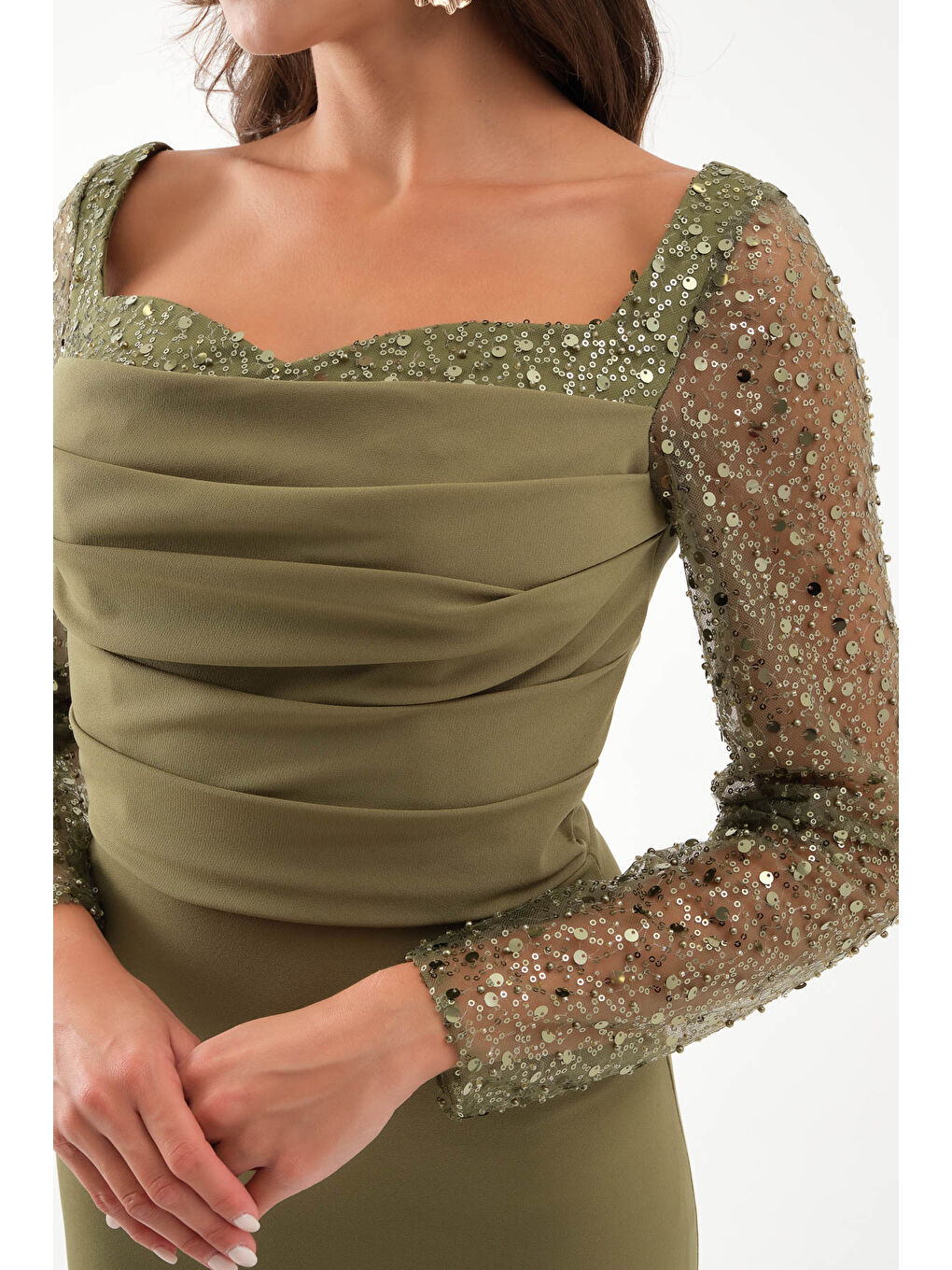 Kadın Haki Kol Detaylı Uzun Abiye Elbise-3