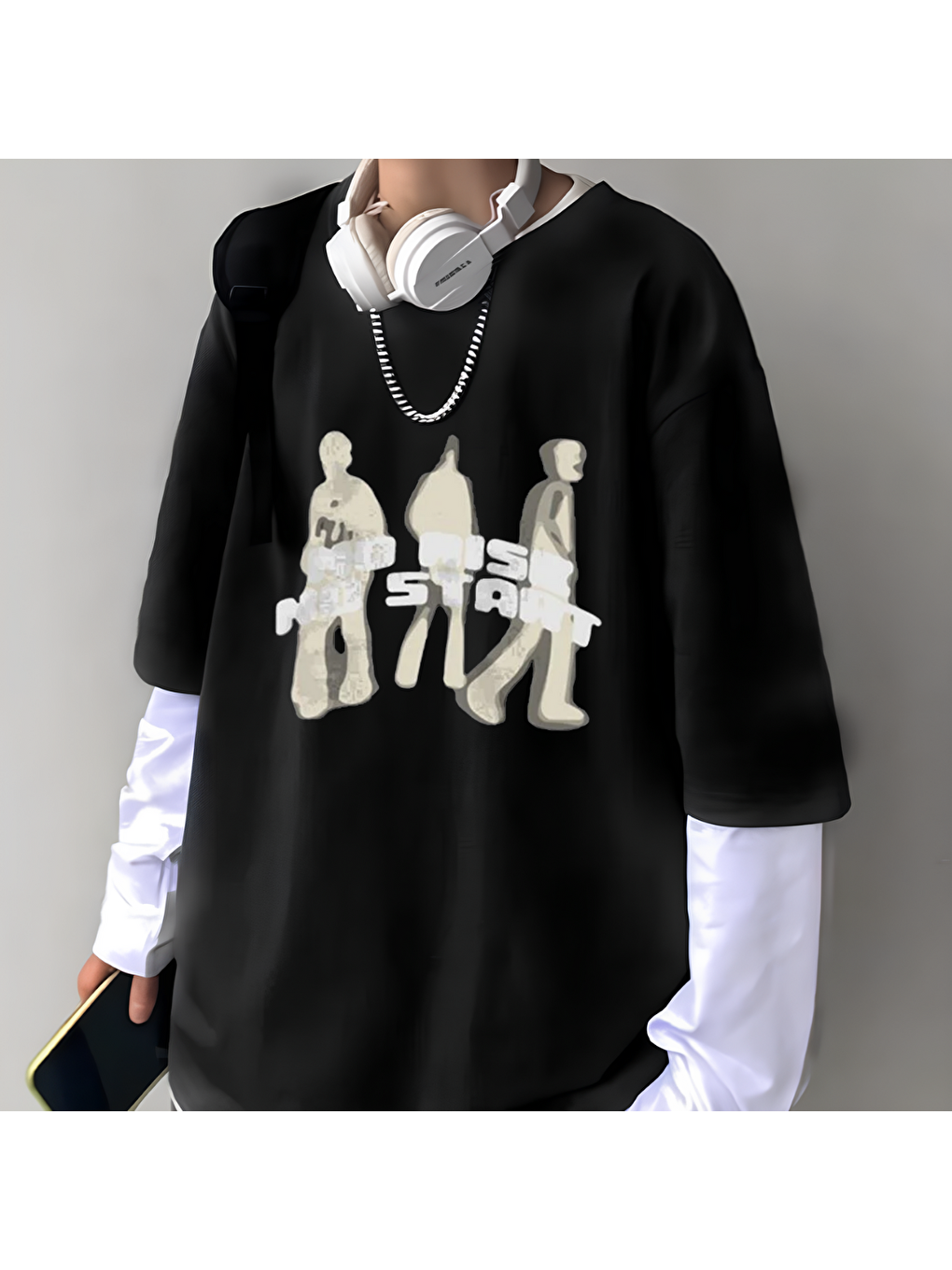 Siyah Y2k People Unisex Oversize Fake Kollu Beyaz T-Shirt