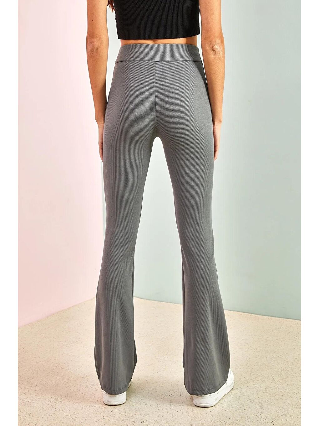 Gri Kadın Fitilli İspanyol Paça Tayt-4