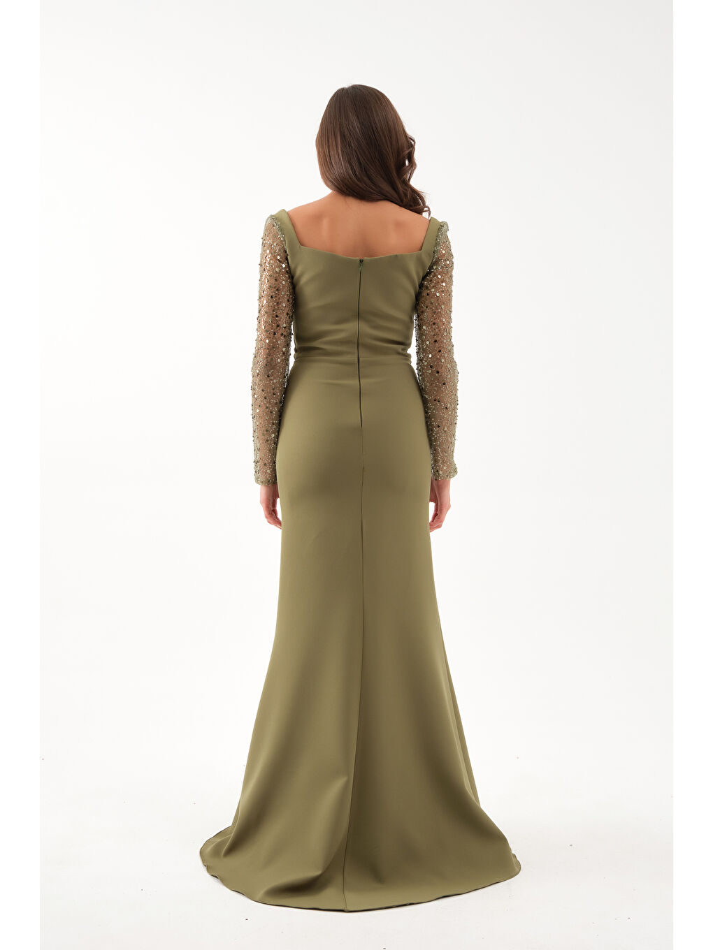 Kadın Haki Kol Detaylı Uzun Abiye Elbise-4
