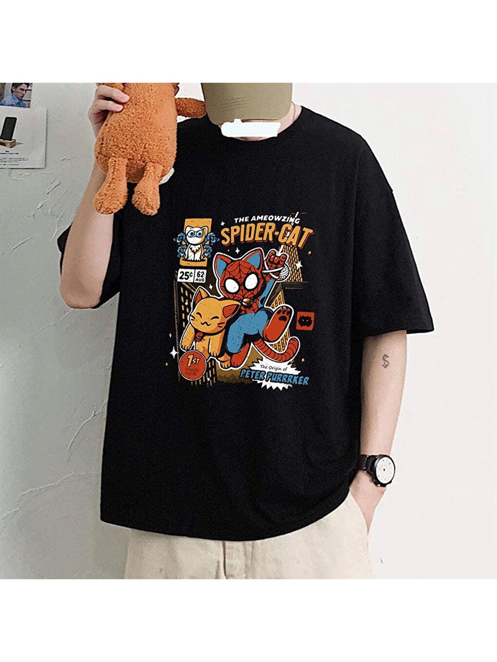 Touz Moda Siyah Spider-Cat Baskılı Siyah Unisex Oversize T-shirt