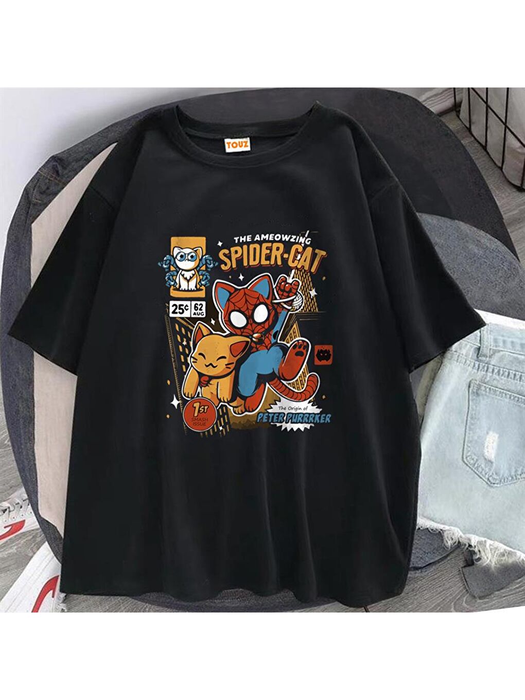 Touz Moda Siyah Spider-Cat Baskılı Siyah Unisex Oversize T-shirt - 1