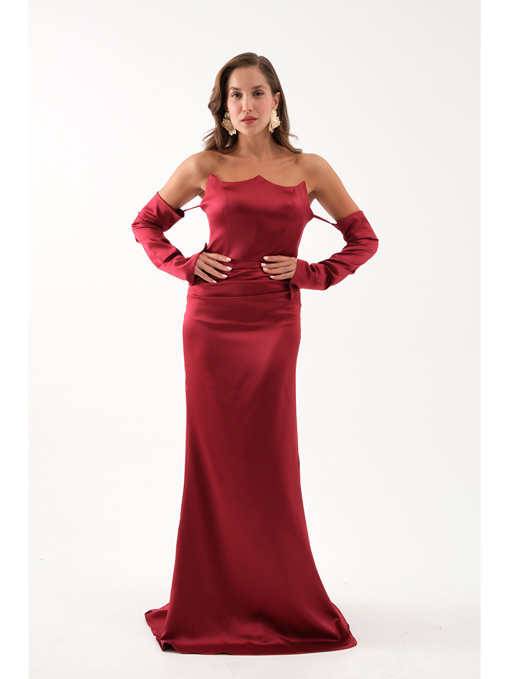 Kadın Bordo Kol Detay Uzun Saten Balık Abiye Elbise