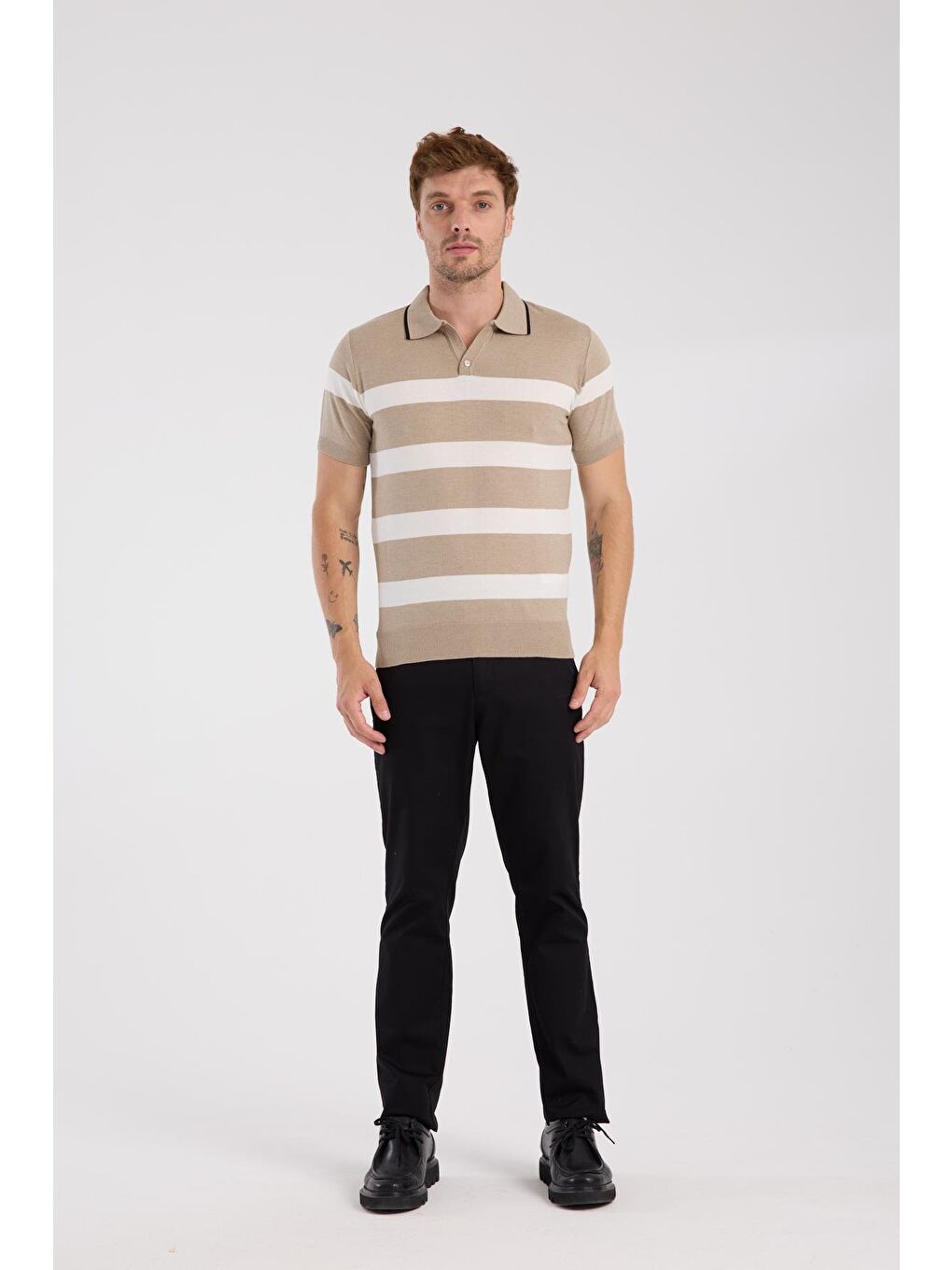 Bej Aclub Bravo Örme Kumaş Viskon Karışımlı Slim Fit Vizon Polo Yaka Erkek Çizgili Polo Shirt