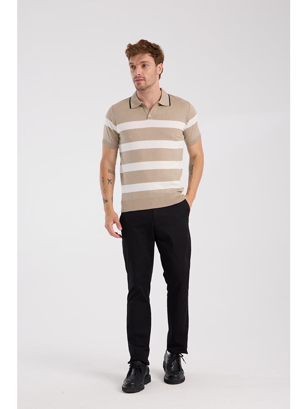 Bej Aclub Bravo Örme Kumaş Viskon Karışımlı Slim Fit Vizon Polo Yaka Erkek Çizgili Polo Shirt-1