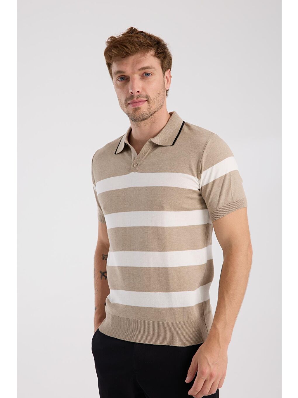 Bej Aclub Bravo Örme Kumaş Viskon Karışımlı Slim Fit Vizon Polo Yaka Erkek Çizgili Polo Shirt-2