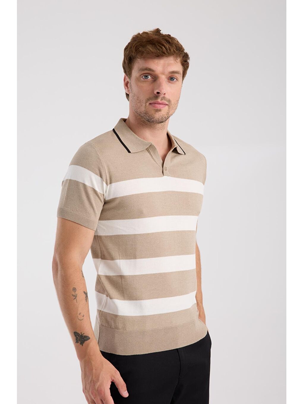 Bej Aclub Bravo Örme Kumaş Viskon Karışımlı Slim Fit Vizon Polo Yaka Erkek Çizgili Polo Shirt-3