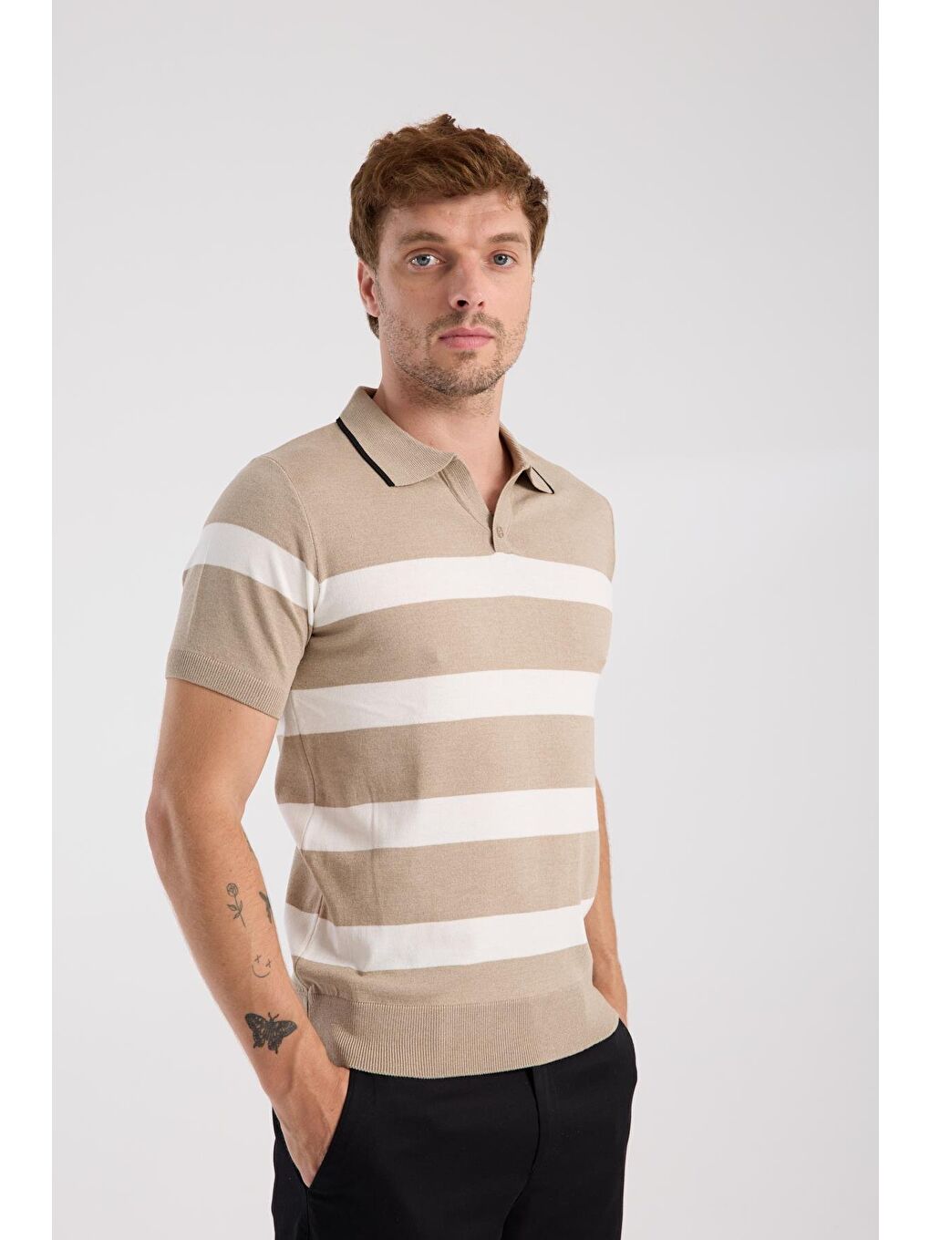 Bej Aclub Bravo Örme Kumaş Viskon Karışımlı Slim Fit Vizon Polo Yaka Erkek Çizgili Polo Shirt-4