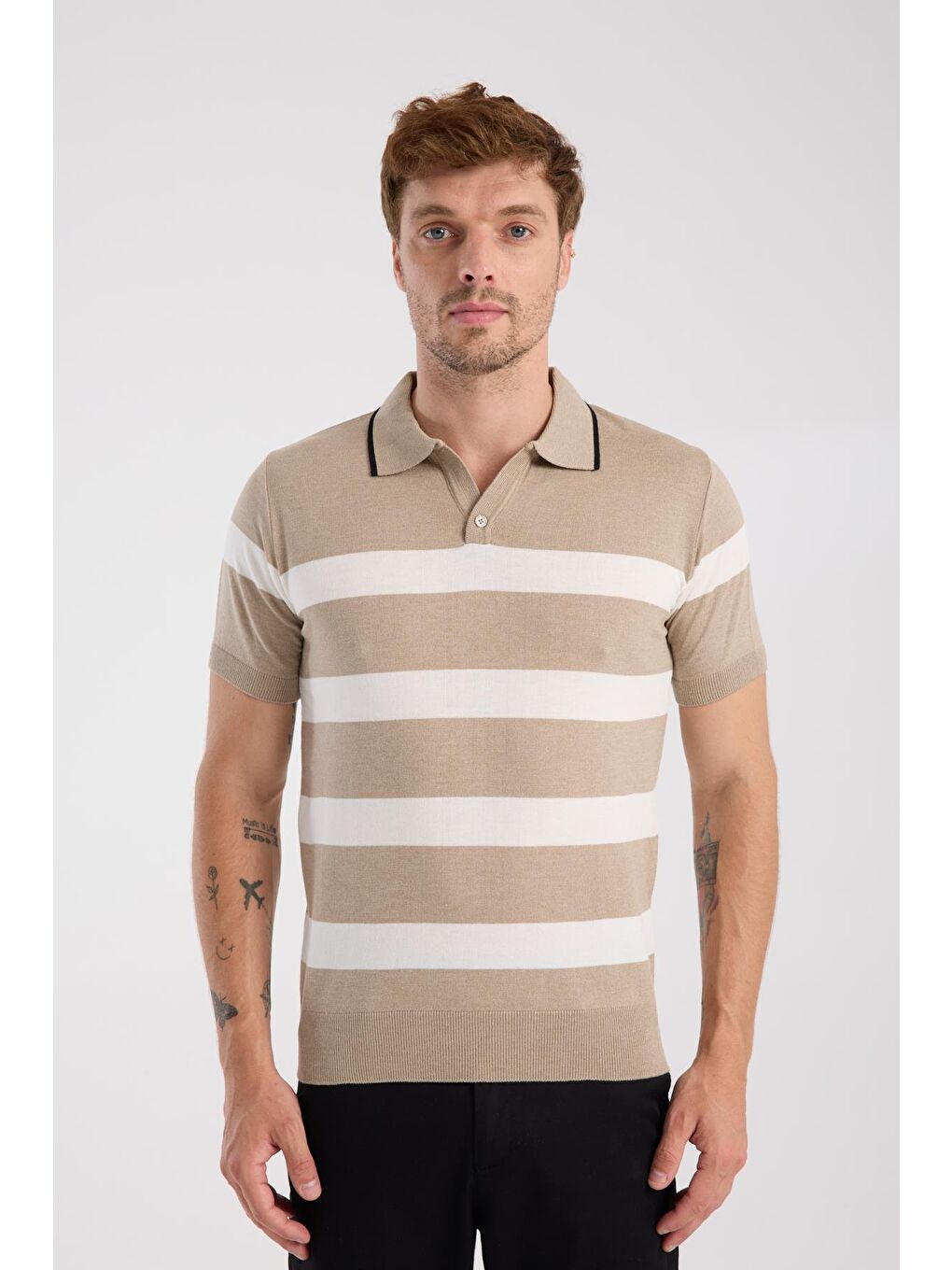 Bej Aclub Bravo Örme Kumaş Viskon Karışımlı Slim Fit Vizon Polo Yaka Erkek Çizgili Polo Shirt-5