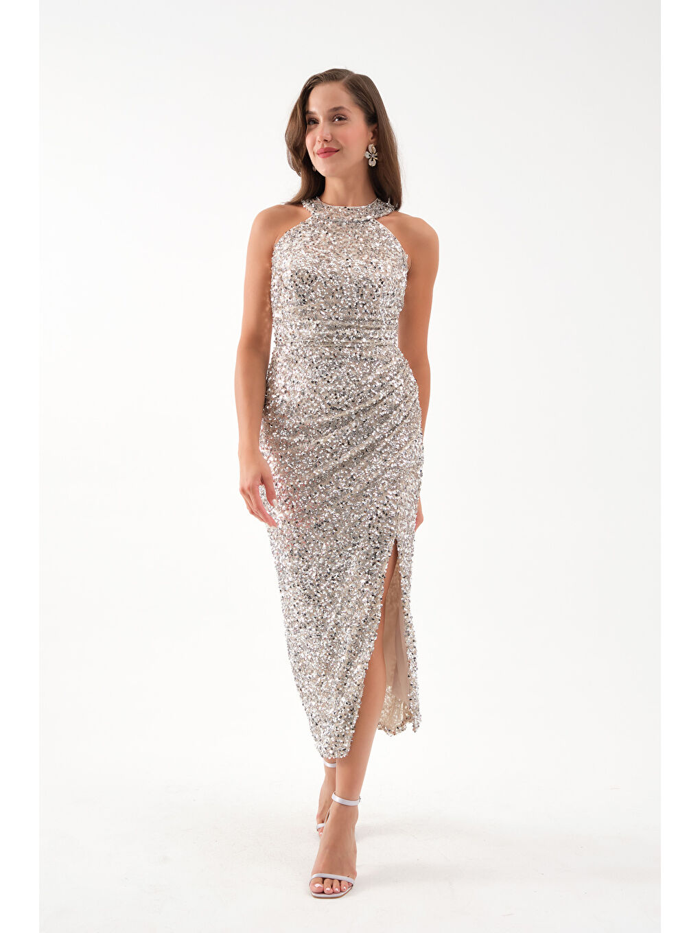 Kadın Bej Halter Yaka Payetli Abiye Elbise-1