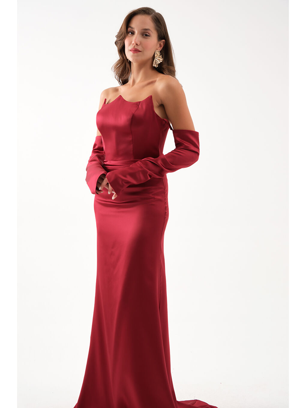 Kadın Bordo Kol Detay Uzun Saten Balık Abiye Elbise-2
