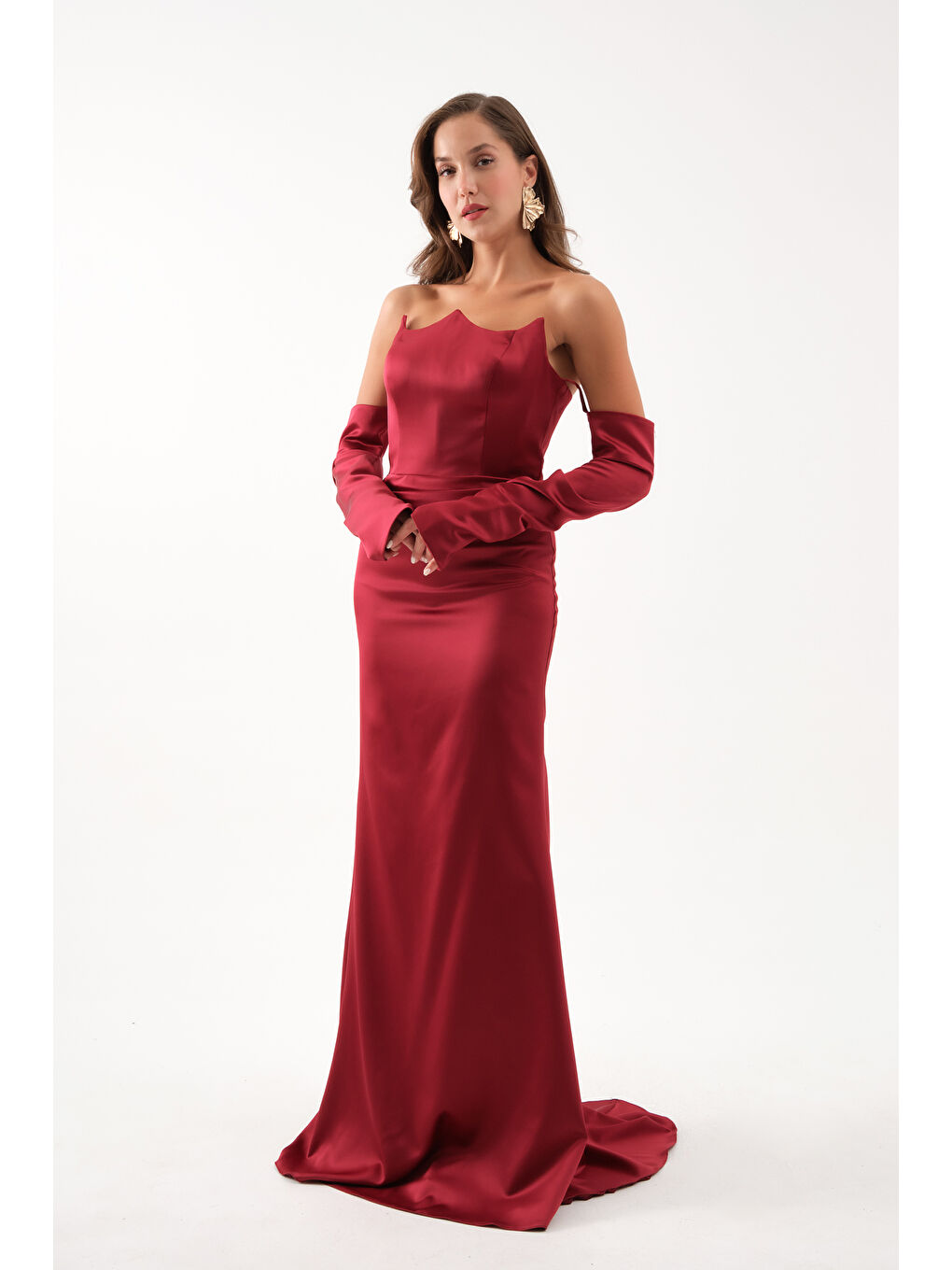 Kadın Bordo Kol Detay Uzun Saten Balık Abiye Elbise-3