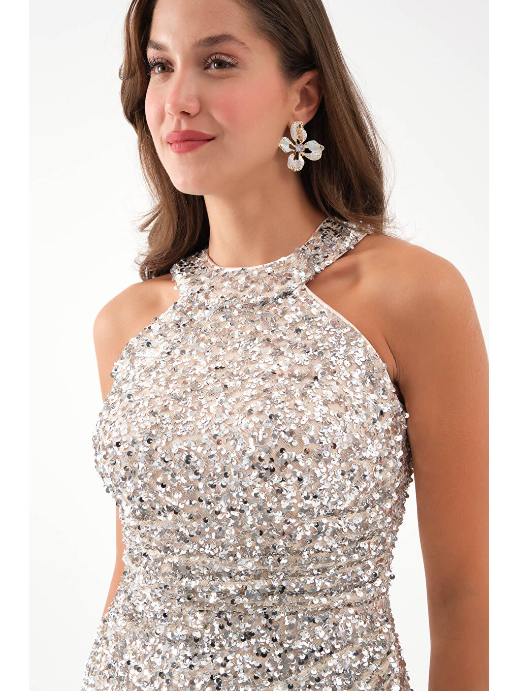 Kadın Bej Halter Yaka Payetli Abiye Elbise-2