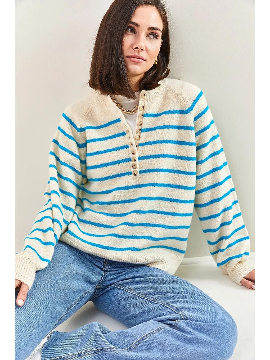 Ekru Kadın Yakası İlikli Balıkçı Yaka Çizgili Triko Kazak-4