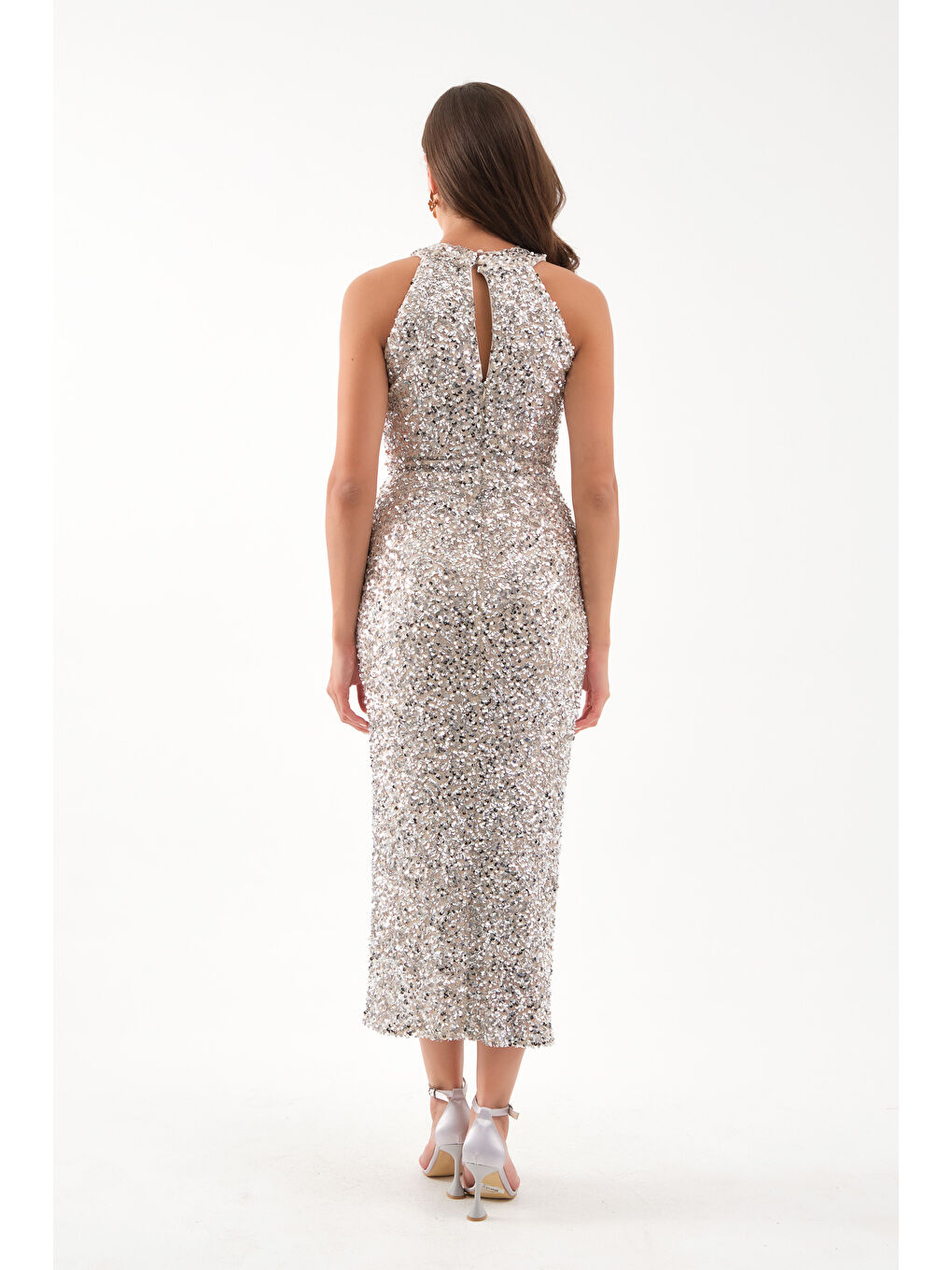 Kadın Bej Halter Yaka Payetli Abiye Elbise-4