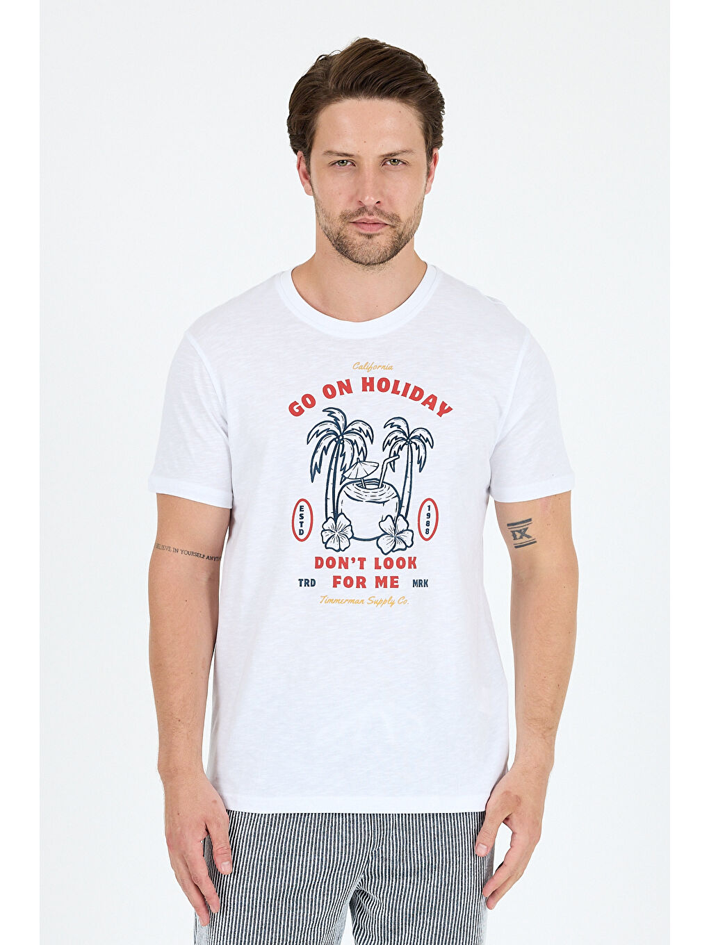 Beyaz Erkek Go On Holiday Baskılı Tişört – %100 Pamuk – Bisiklet Yaka Kısa Kollu Rahat Erkek Tişört 0008