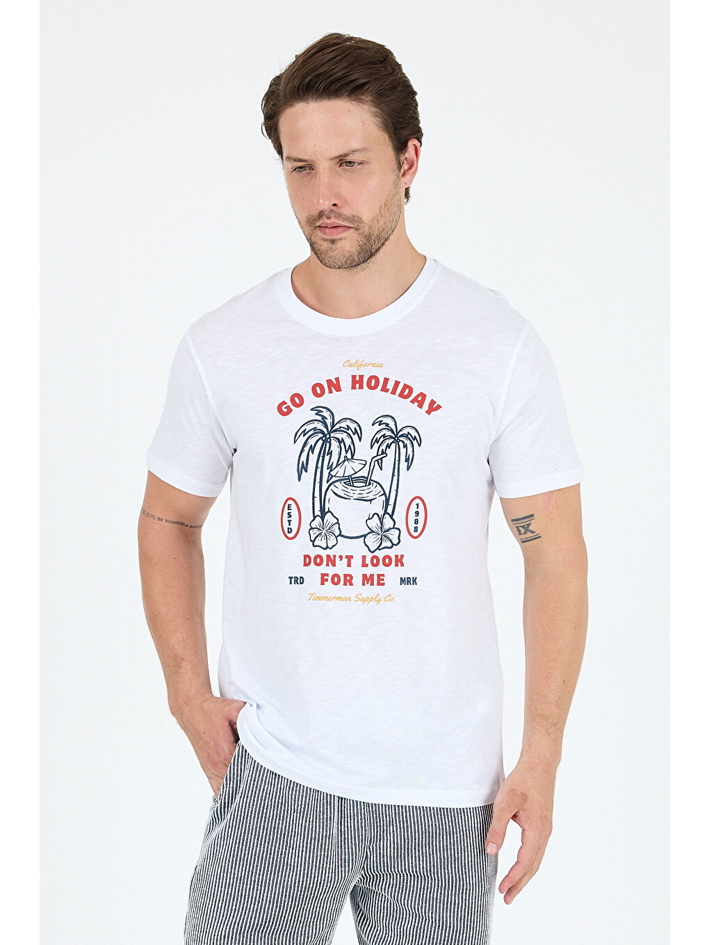 Beyaz Erkek Go On Holiday Baskılı Tişört – %100 Pamuk – Bisiklet Yaka Kısa Kollu Rahat Erkek Tişört 0008-1