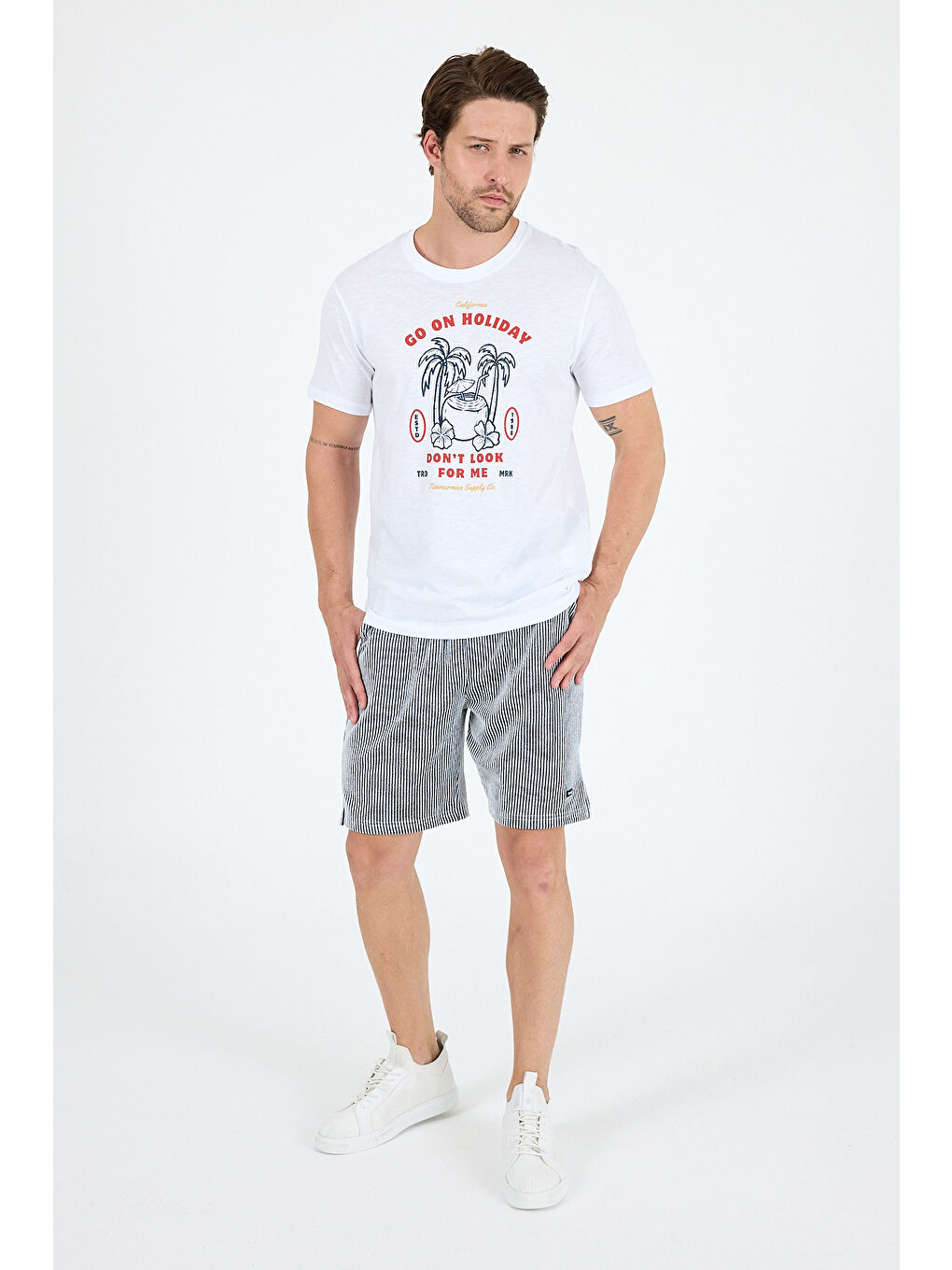 Beyaz Erkek Go On Holiday Baskılı Tişört – %100 Pamuk – Bisiklet Yaka Kısa Kollu Rahat Erkek Tişört 0008-2