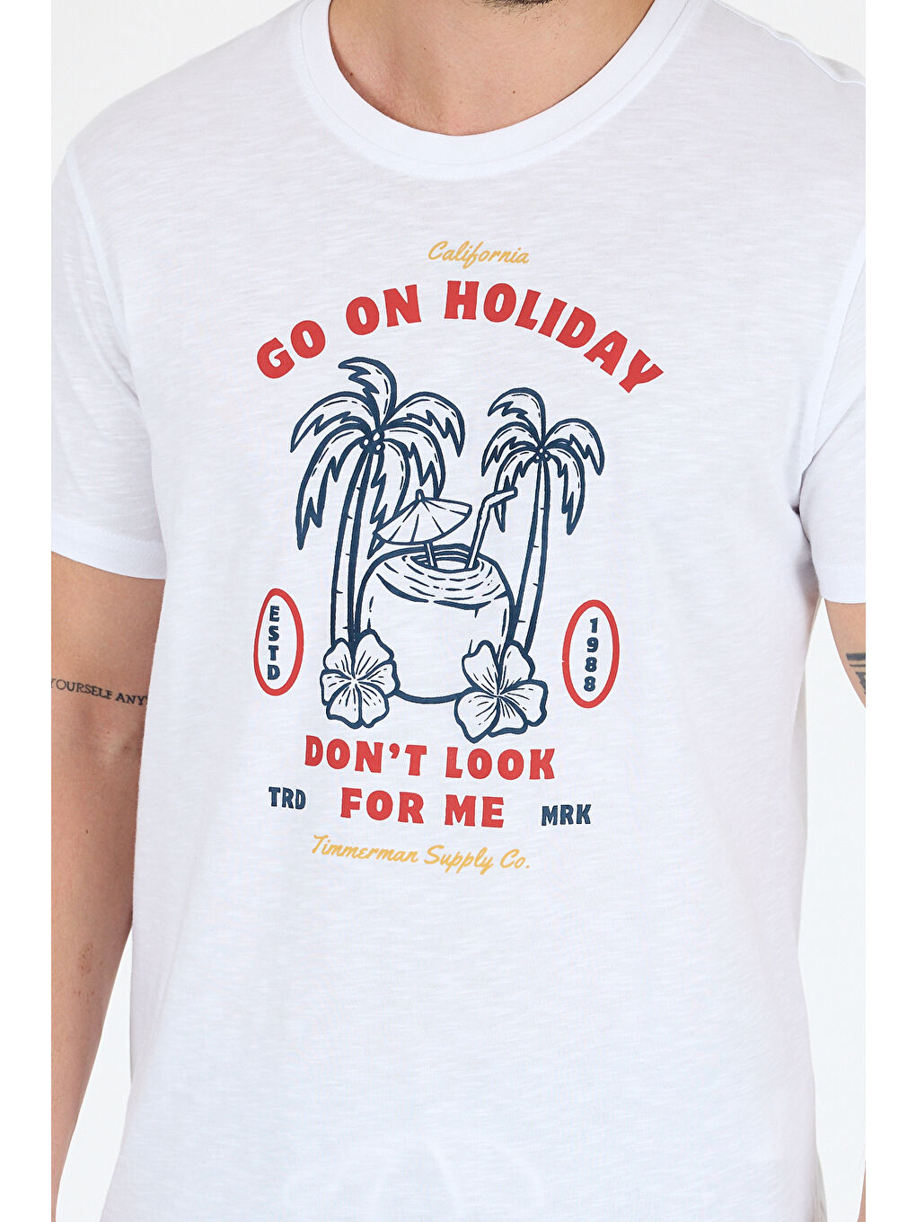 Beyaz Erkek Go On Holiday Baskılı Tişört – %100 Pamuk – Bisiklet Yaka Kısa Kollu Rahat Erkek Tişört 0008-3