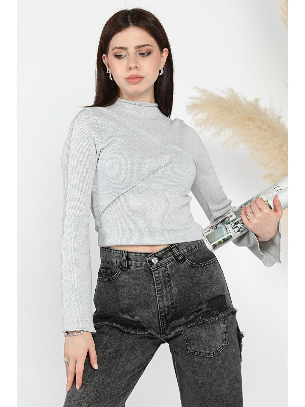 Gri Dik Yaka Fitilli Kadın Crop Top Bluz-1