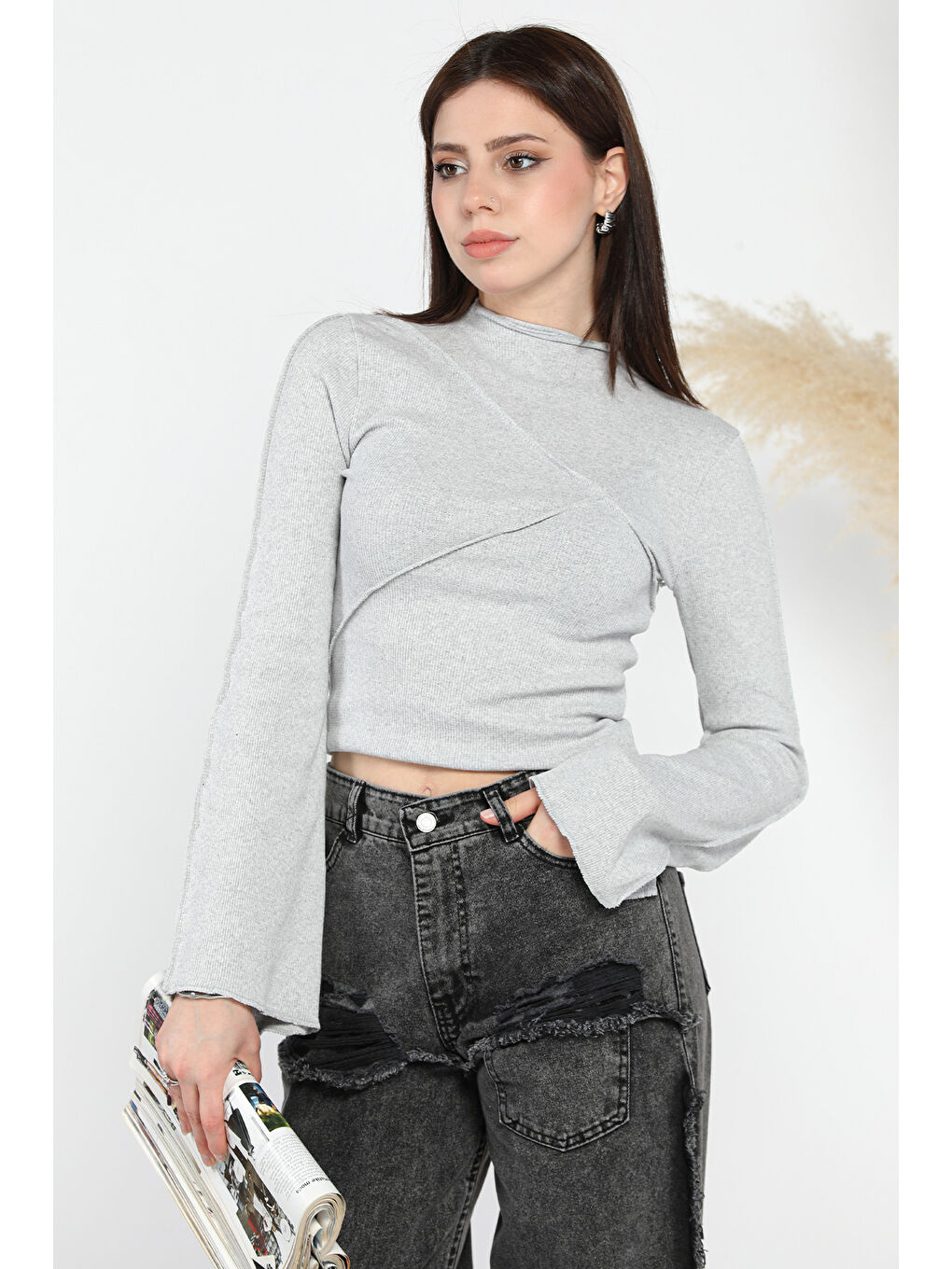 Gri Dik Yaka Fitilli Kadın Crop Top Bluz-2