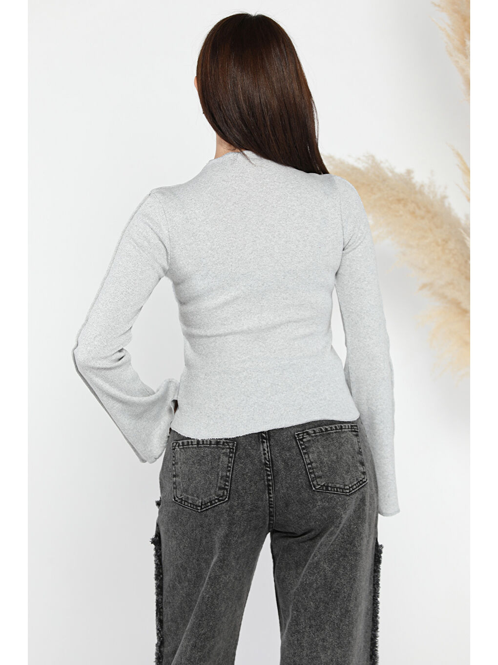 Gri Dik Yaka Fitilli Kadın Crop Top Bluz-3