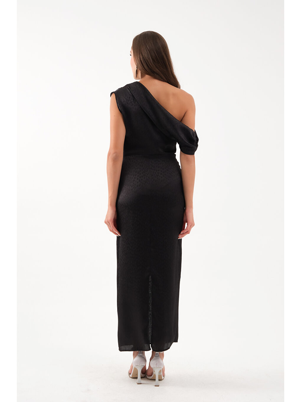 Kadın Siyah Degaje Yaka Desenli Midi Elbise-4