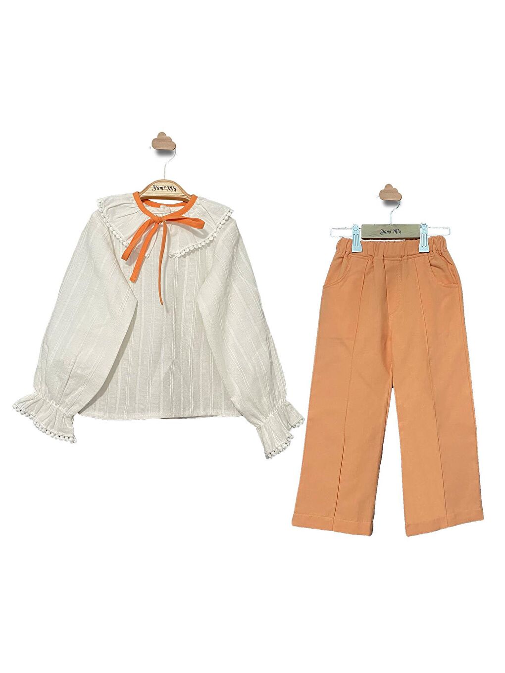 Turuncu Bol Paça Pantolon Çıkarılabilir Yaka Detaylı Gömlekli Kız Çocuk Alt-Üst Takım-3