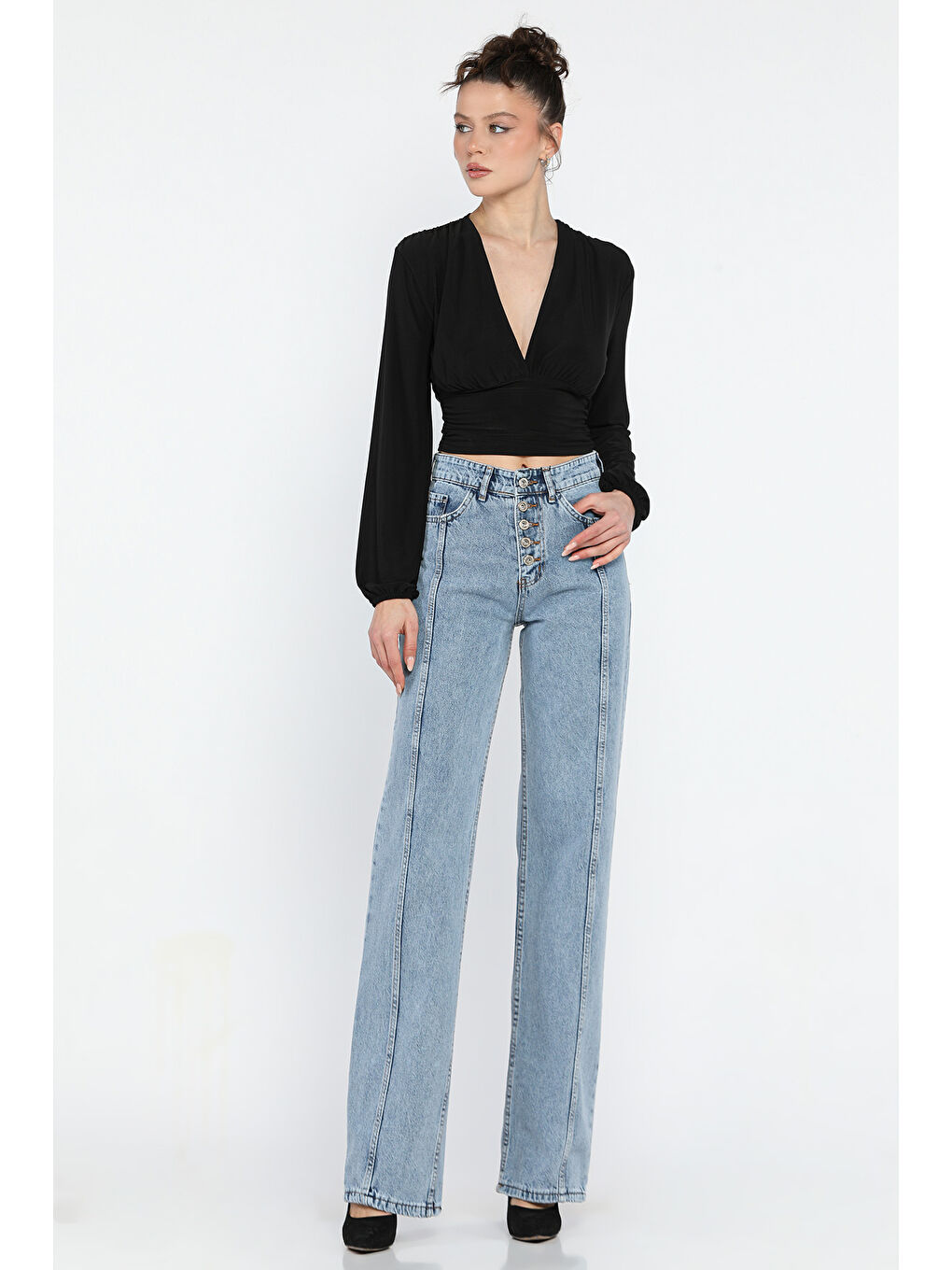 Mavi Ön Detaylı Kadın Bol Paça Mom Jean Pantolon-1